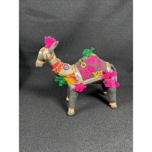 Vintage Handmade Embroidered Camel Figurine Folk Art Tassel Mirror Detail Multi